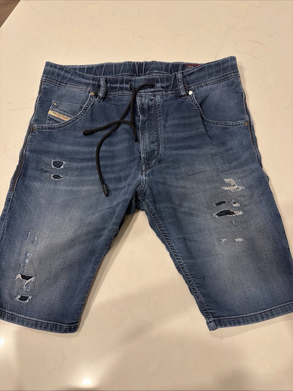 Diesel Industry Men's Blue Distressed Denim Shorts Drawstring Waist SZ 30